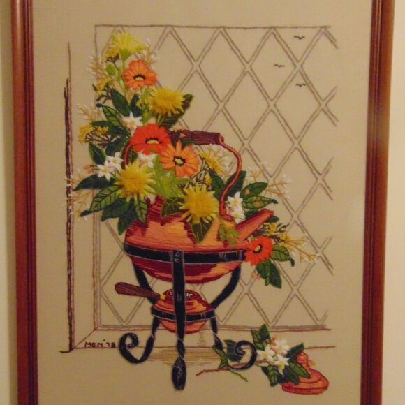Vintage Copper Kettle & Flowers in Crewel, Wood Frame, 19.6 in x 25.6 in - Picture 2 of 8